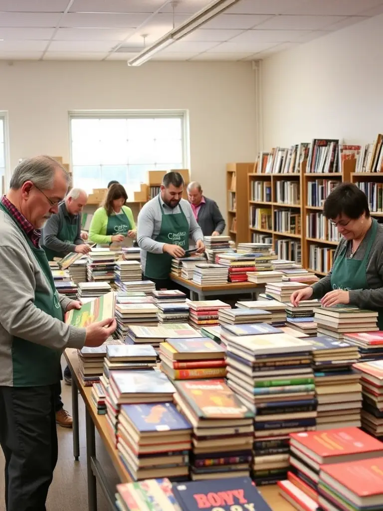 Volunteers sorting and organizing donated books, ensuring a wide selection of reading materials are available for the community at LIVRE ECHANGE.