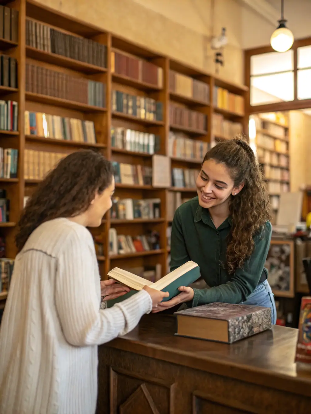 A photograph of a community member exchanging a book at Livre Echange, highlighting the core activity of the organization.