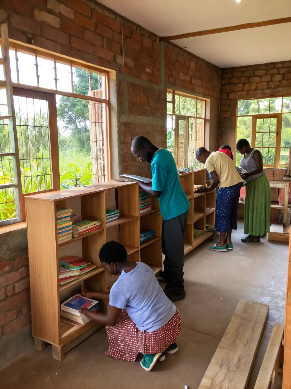 A photograph of volunteers sorting and organizing donated books at Livre Echange, showcasing the community's involvement in supporting literacy.