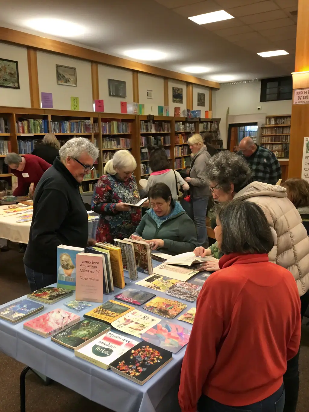 A photograph of a diverse group of people participating in a book club meeting at Livre Echange, with books spread across the table and engaged discussions.