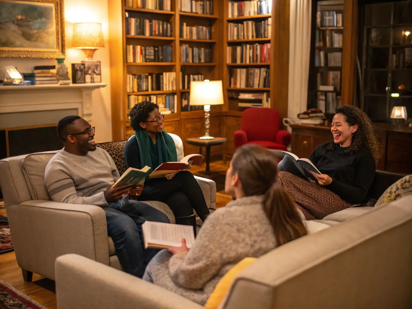 A photograph showing a group of people participating in a lively book discussion in a comfortable and inviting space. The image should capture the energy and excitement of sharing ideas and perspectives about literature.