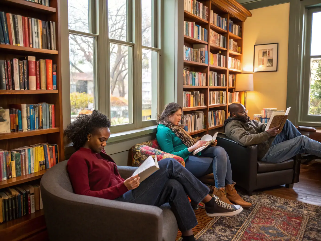 A photograph depicting a diverse group of people happily browsing shelves filled with books in a cozy, well-lit community library setting. The image should convey a sense of warmth, inclusivity, and the joy of discovering new books.