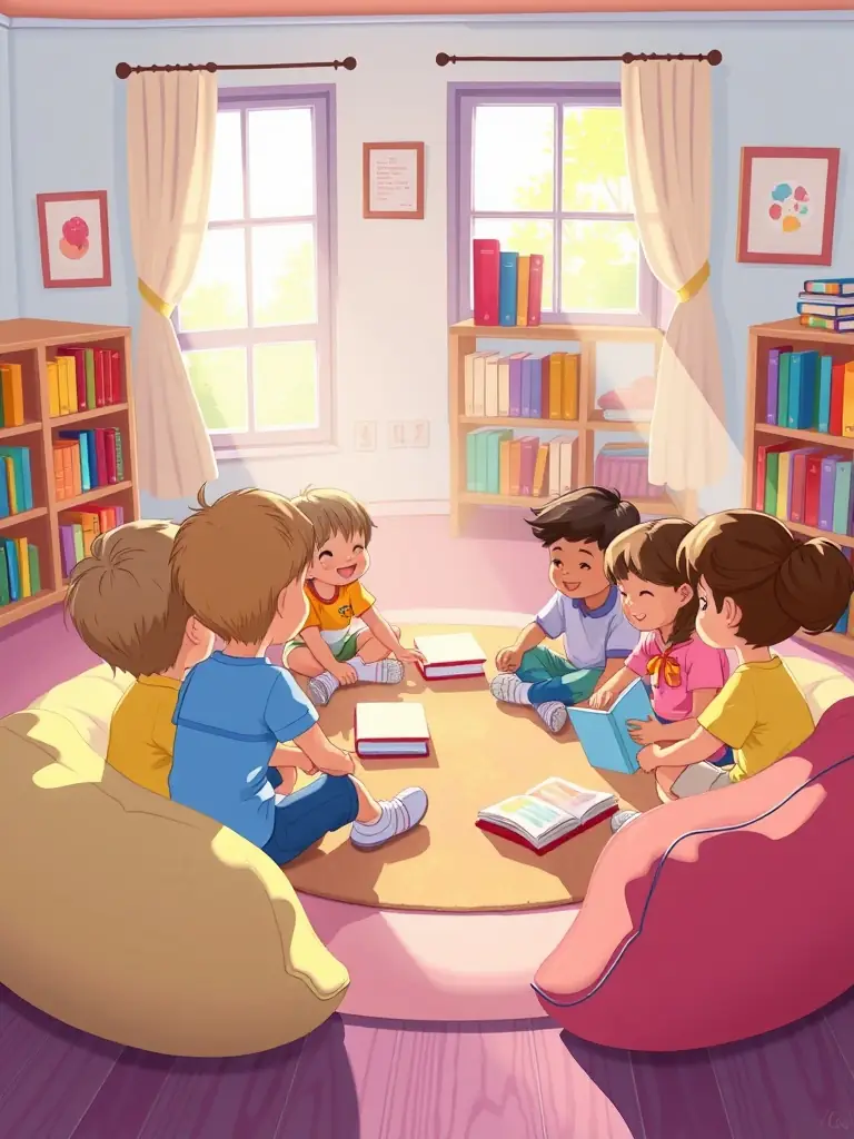 A photograph of children listening attentively to a storyteller during a reading session at Livre Echange, surrounded by colorful books and decorations.