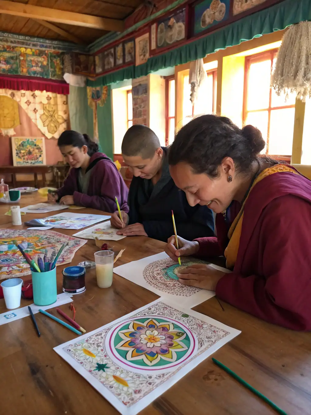 A workshop in progress, showing participants learning about bookbinding techniques, creating their own journals and notebooks at LIVRE ECHANGE.