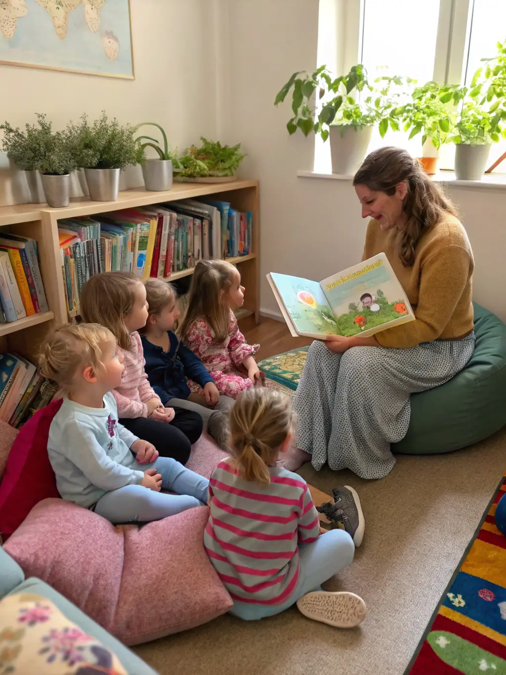A group of children sitting in a circle, listening attentively as a volunteer reads aloud from a colorful picture book during a storytelling session at LIVRE ECHANGE.